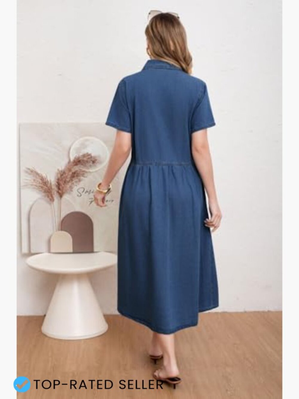 Denim Shirt Dress Oversized A-Line Midi Button Down Frayed Hem - Picture 5 of 7